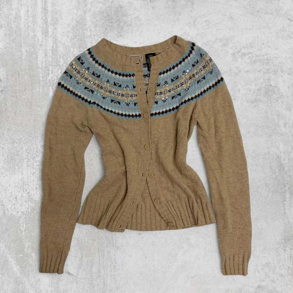 Y2K Arizona Jean Co Fair Isle Cardigan Sweater Sequin Tan Blue Nordic Womens S